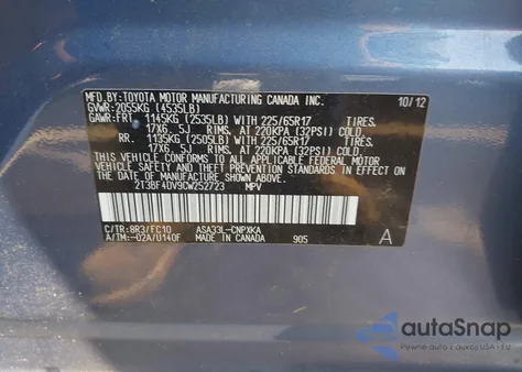 2012 Toyota Rav4 from USA, damaged, VIN 2T3BF4DV9CW252723